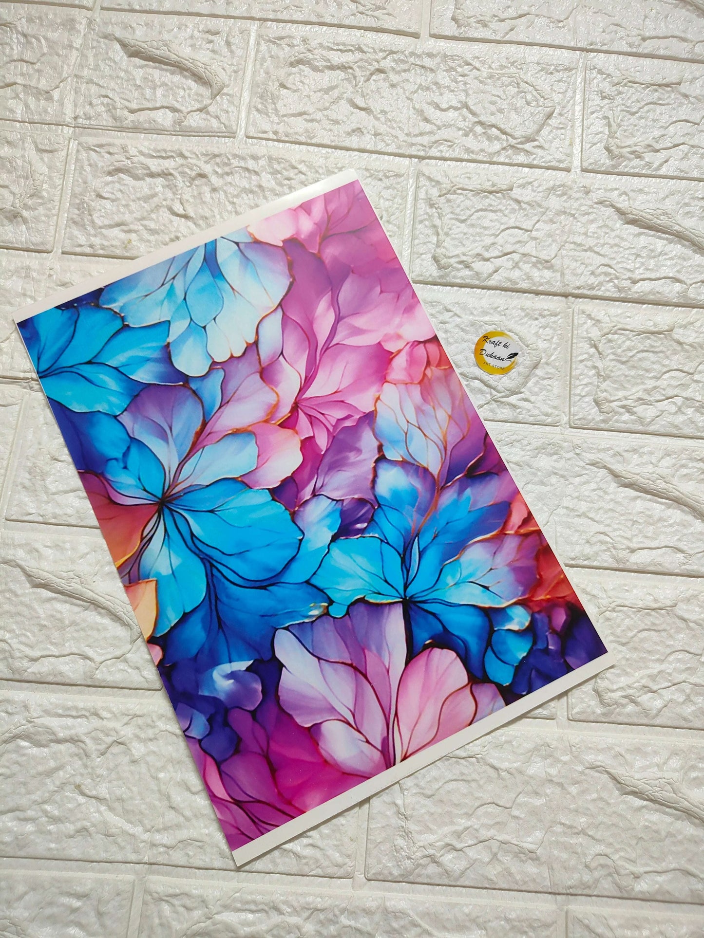 A4 colour sticker sheet with vibrant blue, pink and purple floral pattern