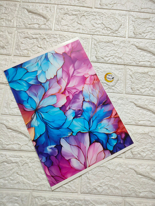 A4 colour sticker sheet with vibrant blue, pink and purple floral pattern