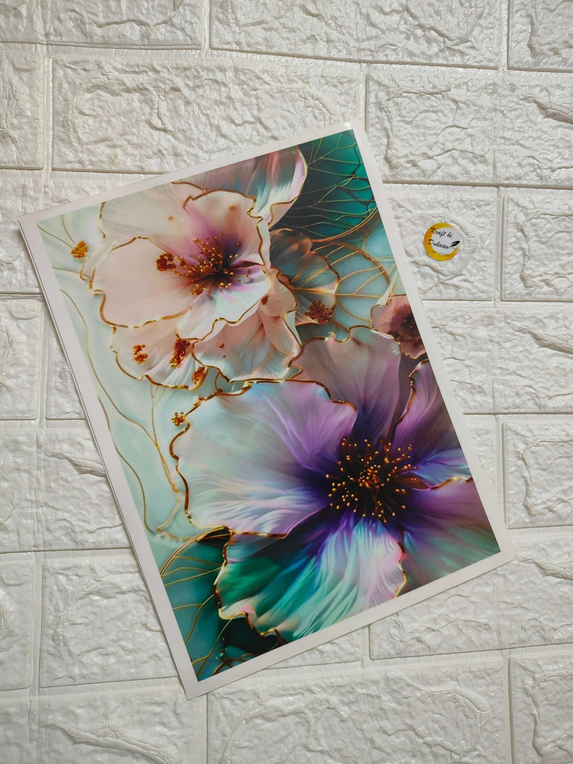 A4 colour sticker sheet with pastel teal floral flower designs, full sheet