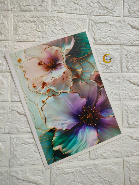 A4 colour sticker sheet with pastel teal floral flower designs, full sheet
