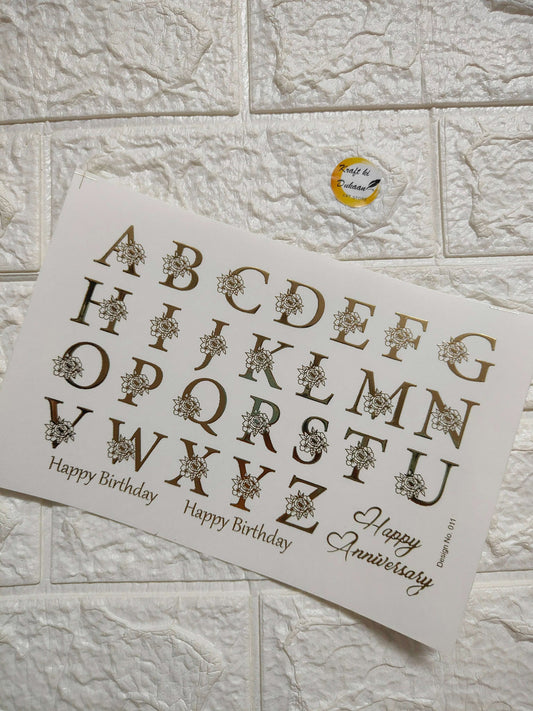 A5 gold embossed sticker sheet with decorative alphabet letters and birthday messages