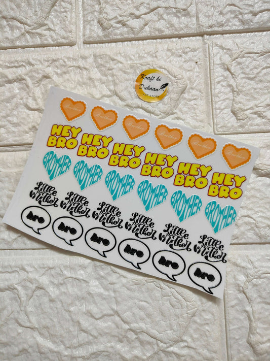 J54 UV DTF peel-off sticker sheet: 'HEY BRO' text, hearts, speech bubbles