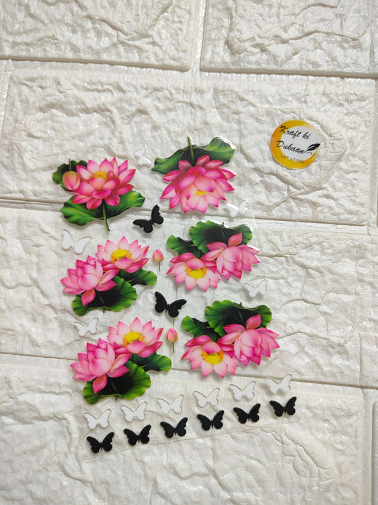 Peel-off sticker sheet with pink lotus flowers and black butterflies