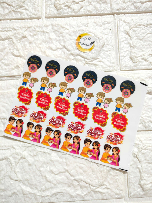 UV DTF peel-off sticker sheet with cartoon boys and girls, Raksha Bandhan emblems