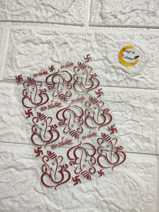 UV DTF peel-off sheet J27: ornate red Om-style sticker design.