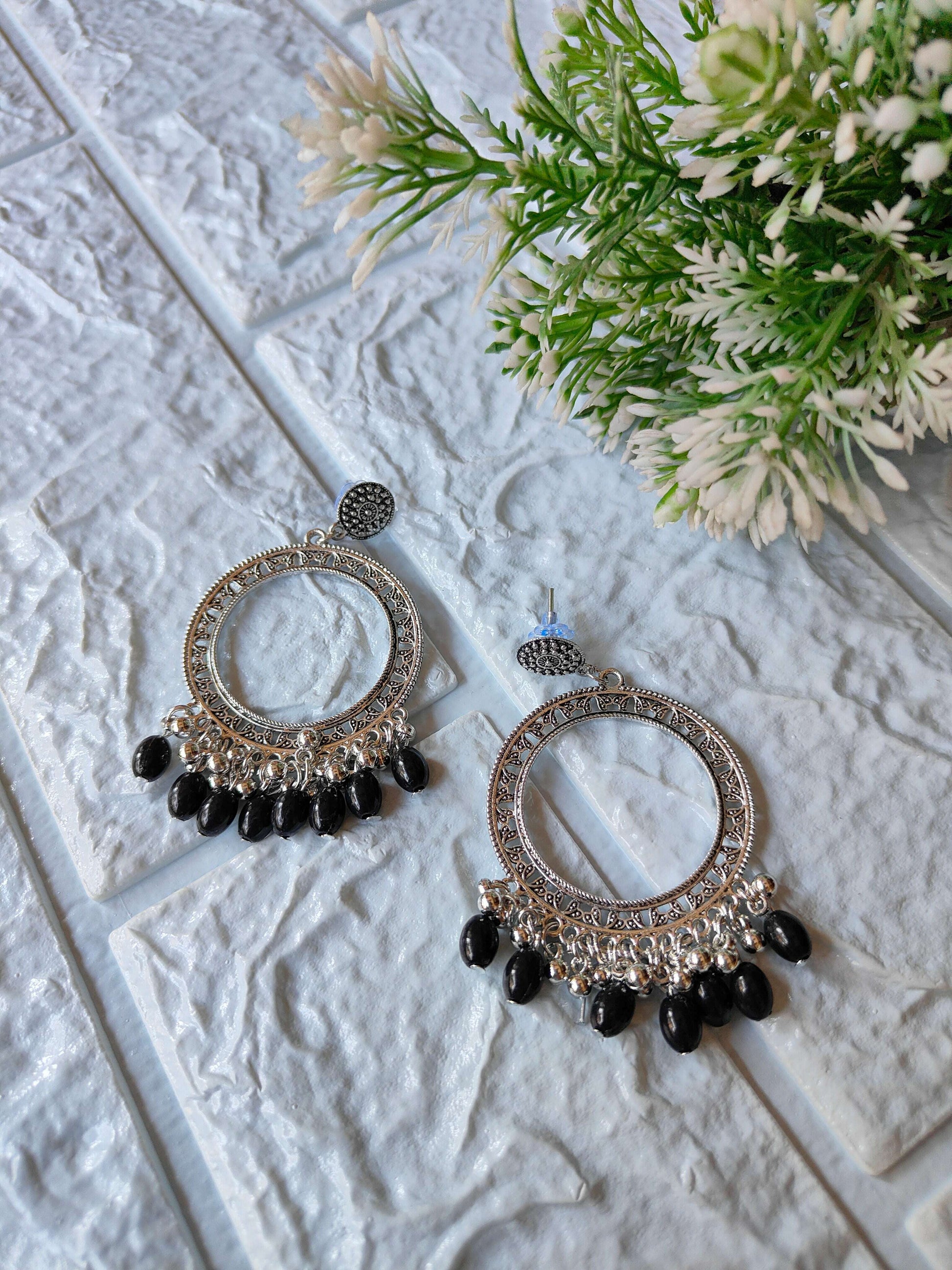 silver-jhumka-earrings-with-beads-black-bead-detail-2