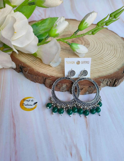 silver-jhumka-earrings-with-beads-green