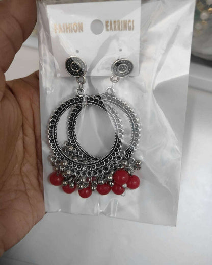 silver-jhumka-earrings-with-beads-red