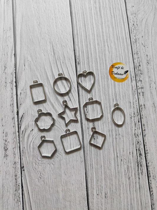 Silver plain bezel small pendant mix set, octagon, heart, star, square, oval and flower shapes