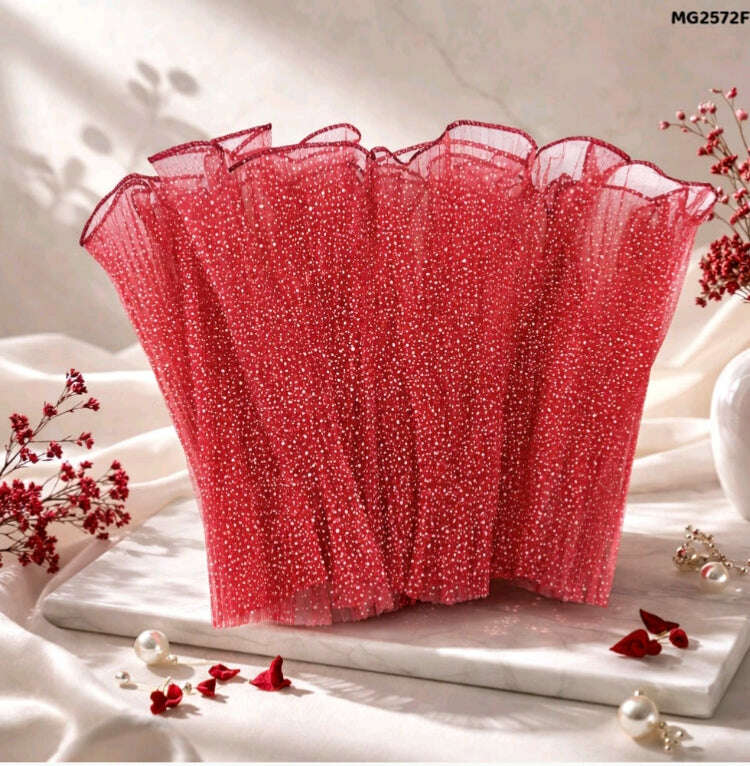 Snow wrapping paper net, maroon wrinkled mesh with fine glitter dots