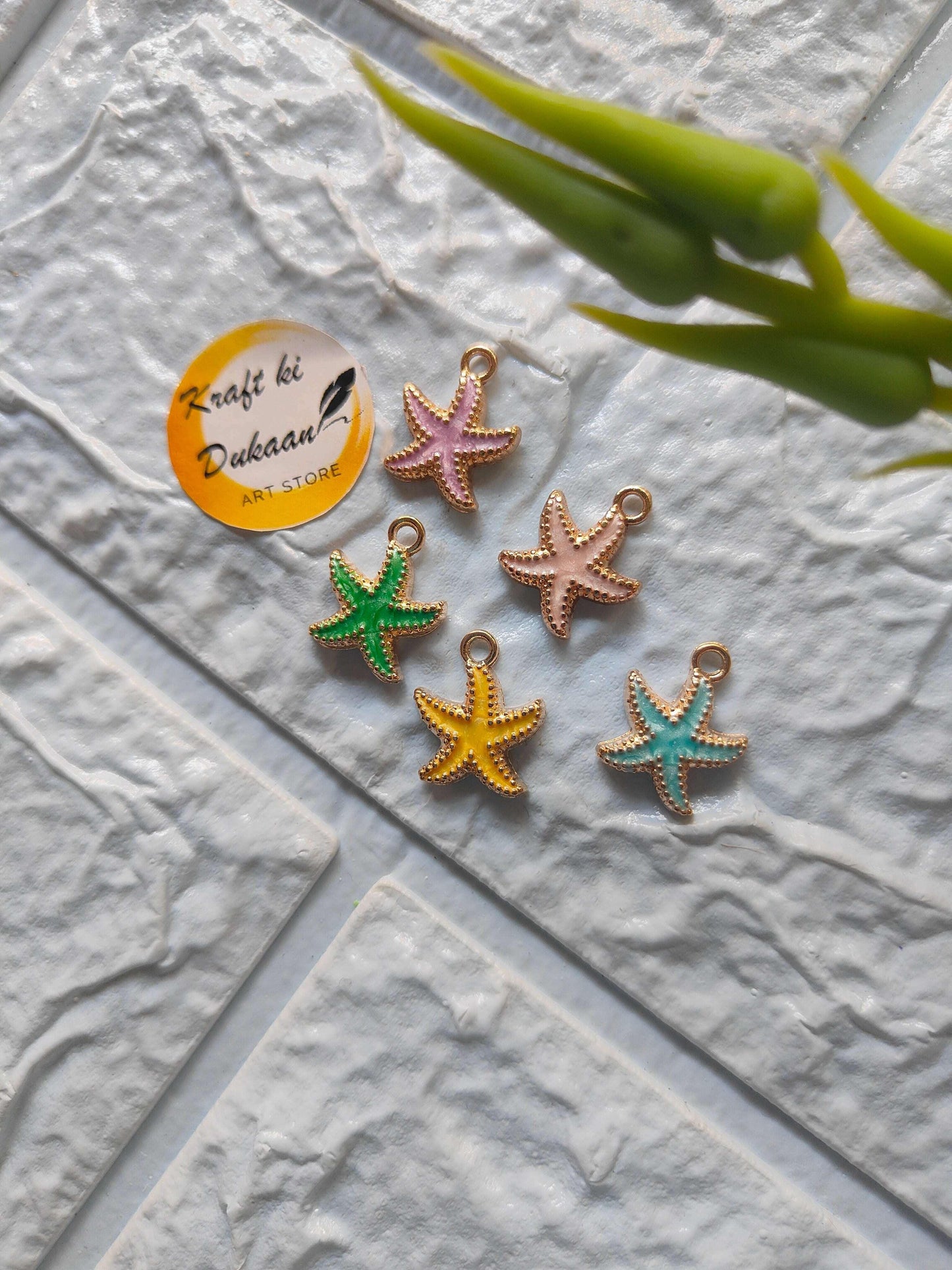 Starfish metal charms set, multicolor enamel with small jump rings and hanging loops