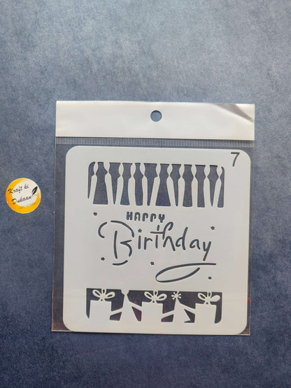 Stencil design S21: Happy Birthday text with gift icons and candles, size mark 7