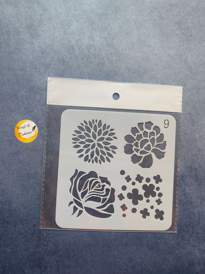 Stencil S9 with flower motifs: rose, dahlia, and small plus-shaped dot cluster