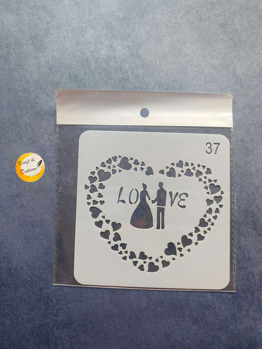 Kraft ki Dukaan stencil for texture art featuring a heart design with couple and hearts, 6x6 inches