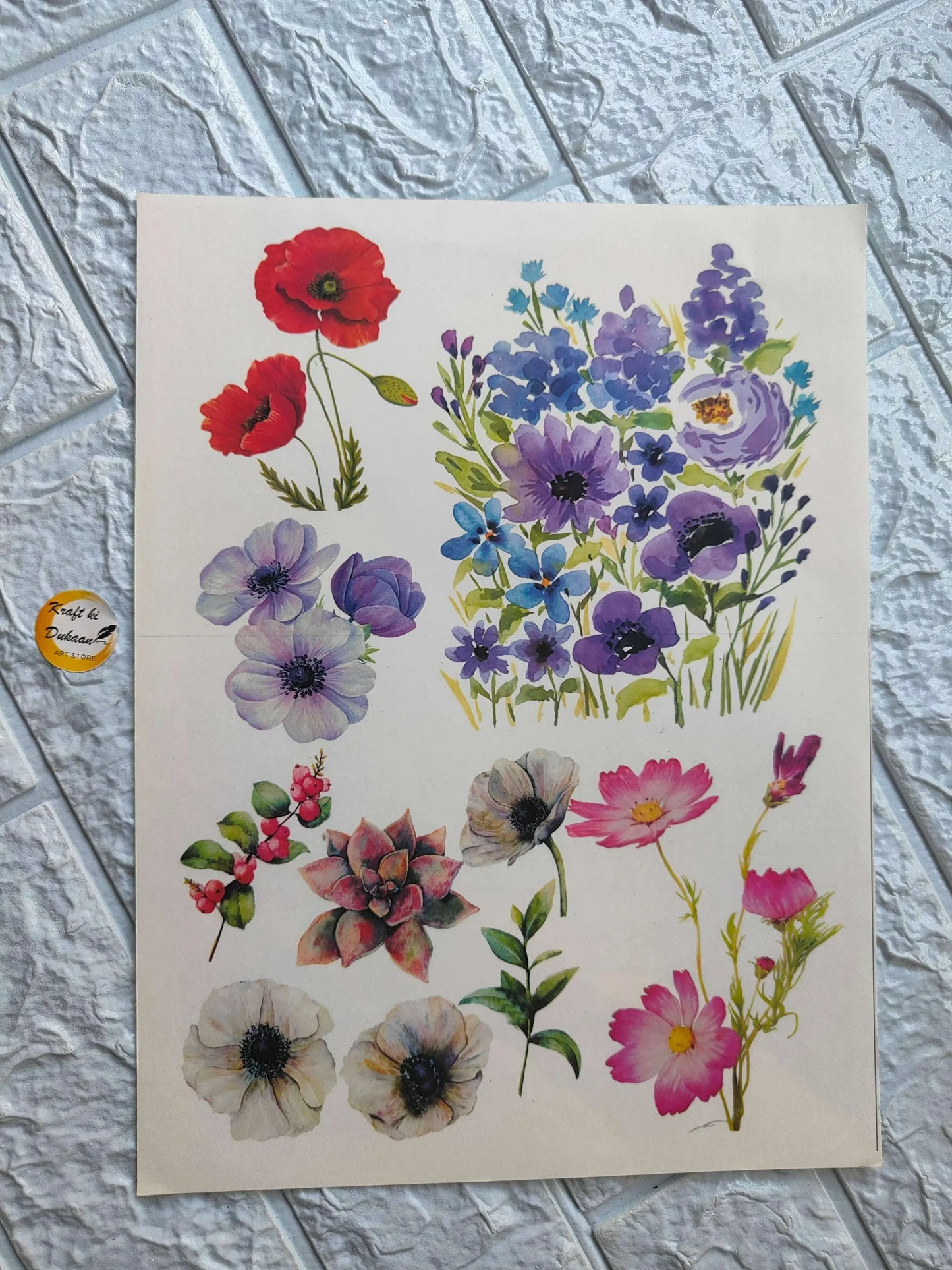 A4 colour sticker sheet with multicolored flower designs, various blooms and leaves