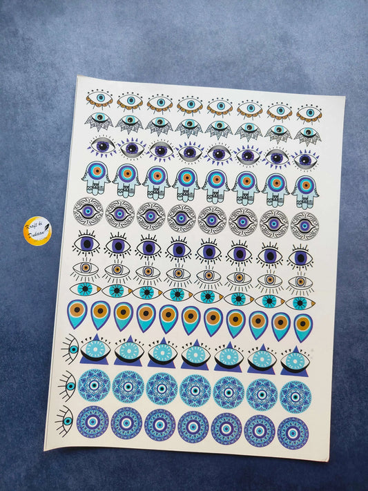 A4 colour sticker sheet with decorative blue eye and peacock motifs