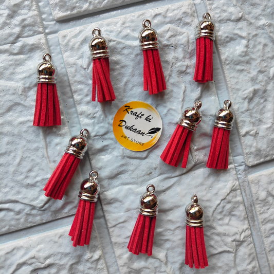 Set of red leather tassel charms with silver accents for DIY crafts and jewelry making