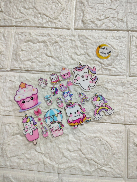 UV DTF Peel off sticker sheet featuring colorful unicorn and cupcake designs for crafts and decor