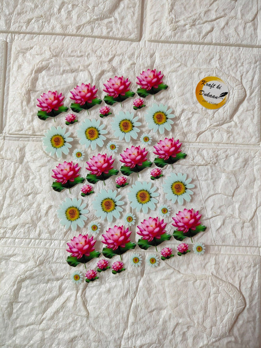 UV DTF peel-off sticker sheet J21 with pink flowers and light blue daisies