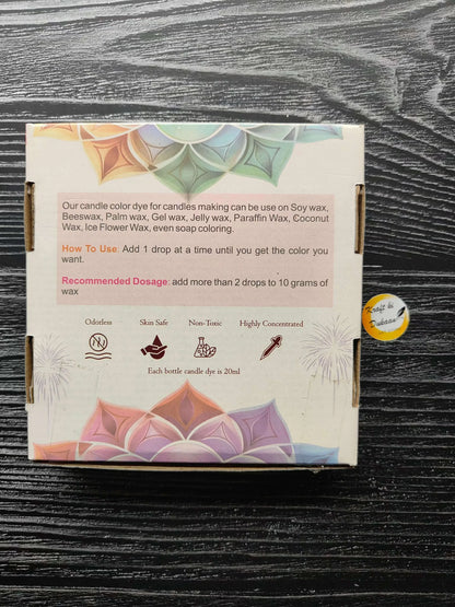 Candle liquid dye box with directions and dosage text