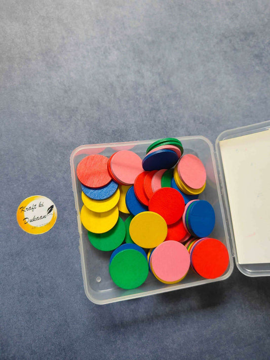 Craft wood coin set in clear box, multicolor circular coins with open lid